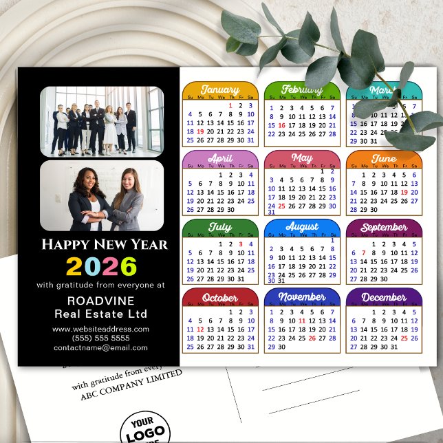 Business Logo 2026 Calendar Modern Black Colorful Holiday Postcard (Creator Uploaded)