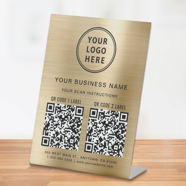 Business Logo 2 QR Codes Gold Pedestal Sign (Creator Uploaded)