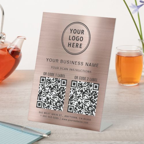 Business Logo 2 QR Codes Rose Gold Pedestal Sign