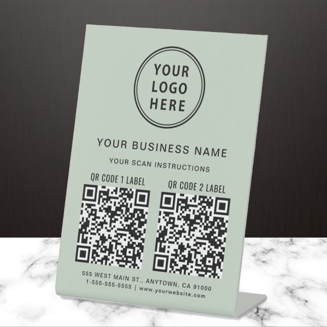 Business Logo 2 QR Codes Sage Green Pedestal Sign (Creator Uploaded)