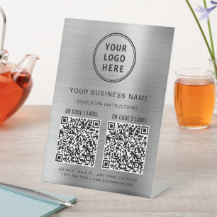 Business Logo 2 QR Codes Silver Pedestal Sign
