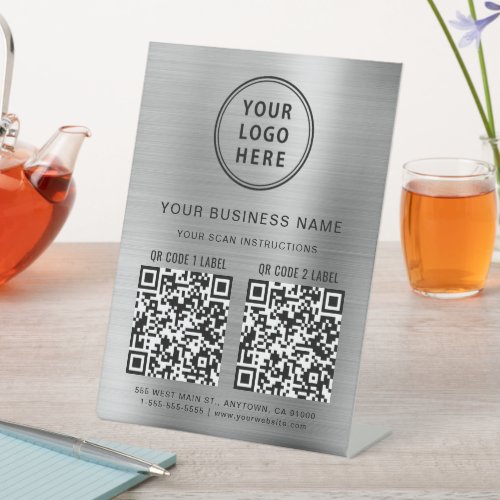 Business Logo 2 QR Codes Silver Pedestal Sign