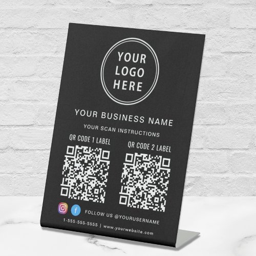 Business Logo 2 QR Codes Social Media Black Pedestal Sign