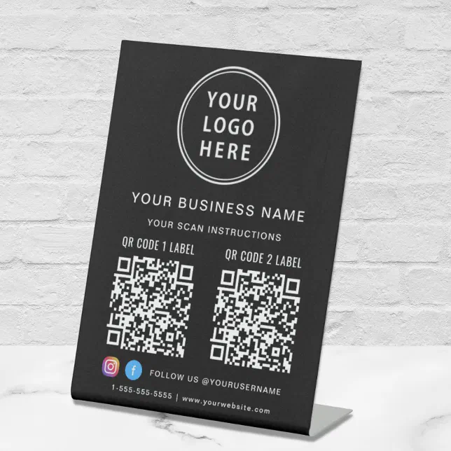 Business Logo 2 QR Codes Social Media Black Pedestal Sign | Zazzle