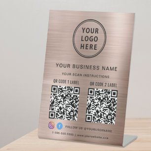Business Logo 2 QR Codes Social Media Rose Gold Pedestal Sign