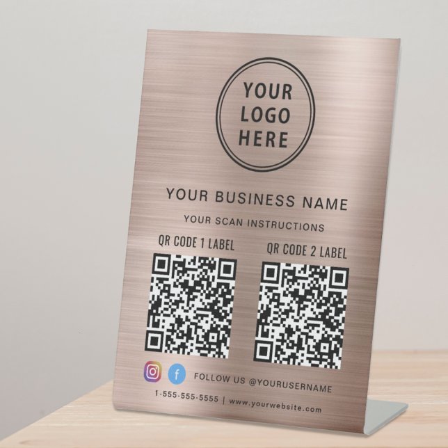 Business Logo 2 QR Codes Social Media Rose Gold Pedestal Sign (Creator Uploaded)