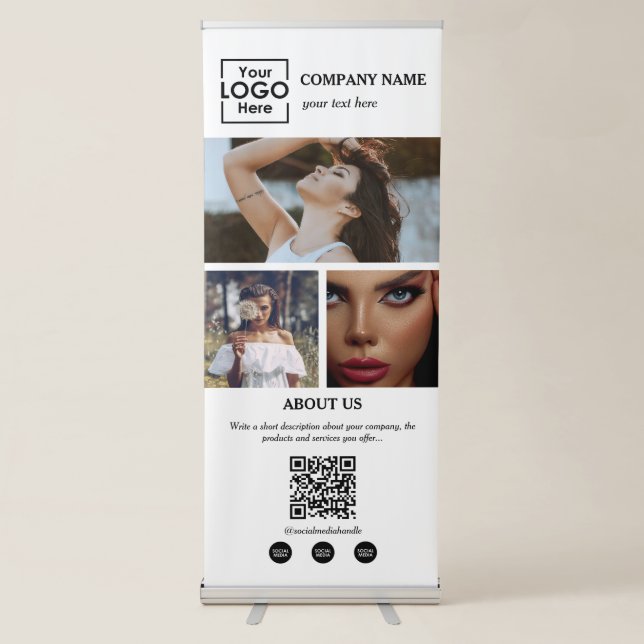 Business Logo 3 Photo Book Appointment QR Code Retractable Banner (Front)