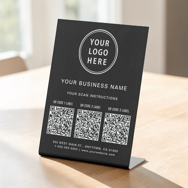 Business Logo 3 QR Codes Black Pedestal Sign (Business Logo 3 QR Codes Black Pedestal Sign)