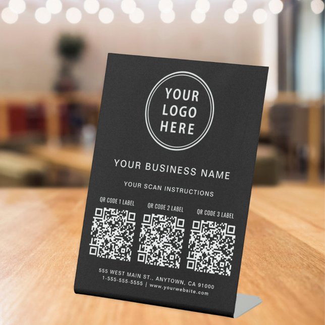 Business Logo 3 QR Codes Black Pedestal Sign (Creator Uploaded)