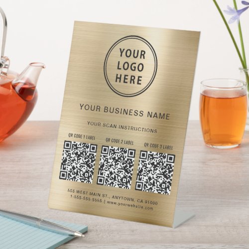 Business Logo 3 QR Codes Gold Pedestal Sign