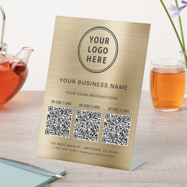Business Logo 3 QR Codes Gold Pedestal Sign (In SItu)