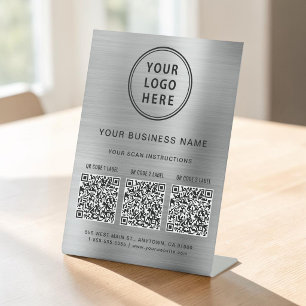 Business Logo 3 QR Codes Promotional Silver Pedestal Sign