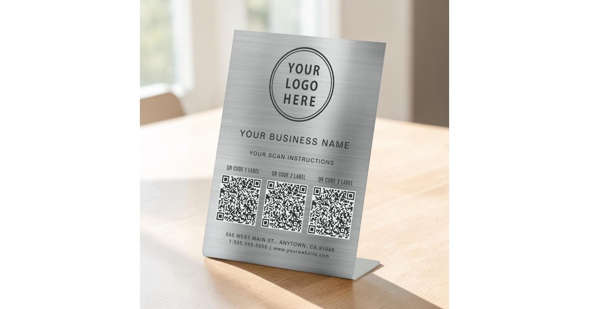 Silver Qr Code Logo Business Logo 3 QR Codes Promotional Silver Pedestal Sign | Zazzle
