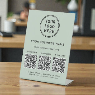 Business Logo 3 QR Codes Sage Green Pedestal Sign