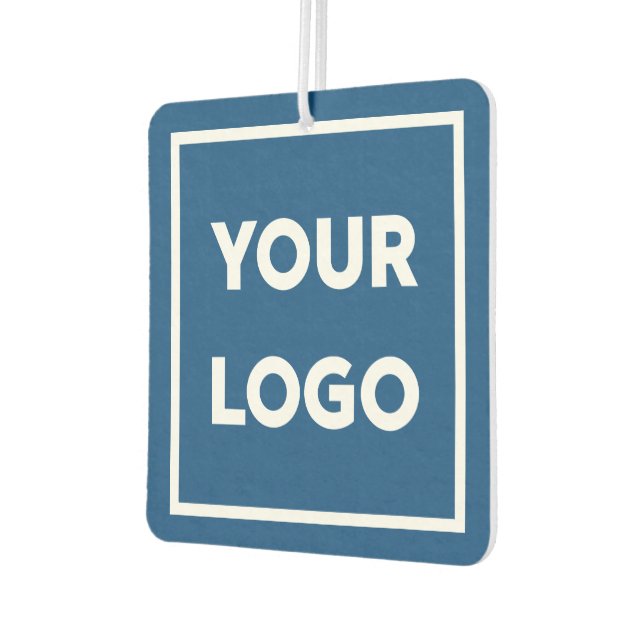 Business Logo and Custom Text on Blue Air Freshener (Left)