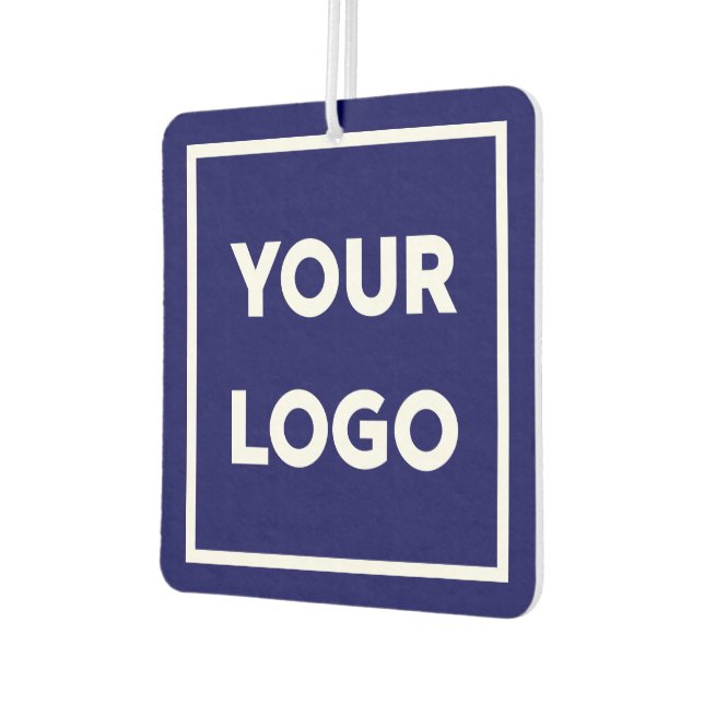 Business Logo and Custom Text on Navy Blue Air Freshener (Left)