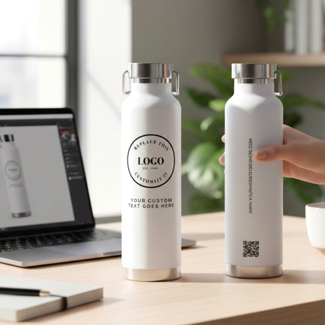 Business logo and custom text QR code website  Water Bottle (Minimalist, simple, professional Business merchandise, custom logo, text, website and QR code.)