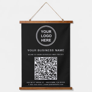 Business Logo and QR Code Black Hanging Tapestry