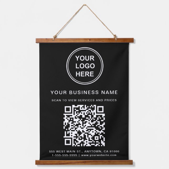 Business Logo and QR Code Black Hanging Tapestry (Front)