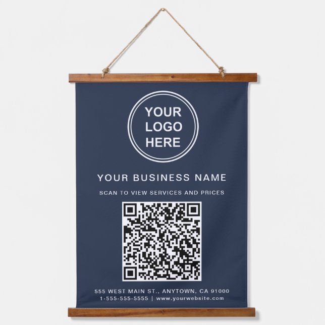 Business Logo and QR Code Blue Hanging Tapestry (Front)