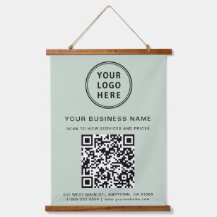 Business Logo and QR Code Sage Green Hanging Tapestry