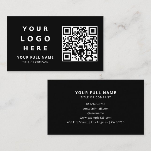 Business Logo And Qr Code Simple Minimalist Black Card (Front/Back)