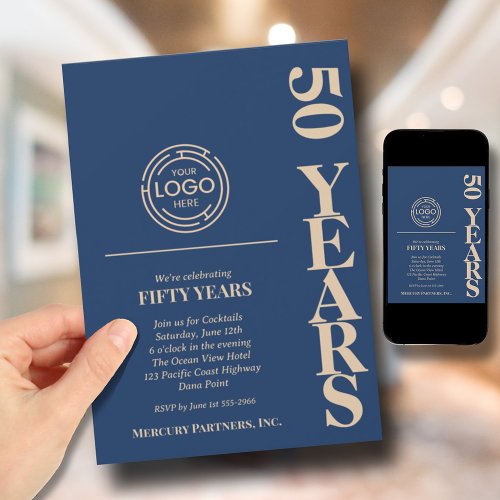 Business Logo Anniversary Navy Blue Invitation