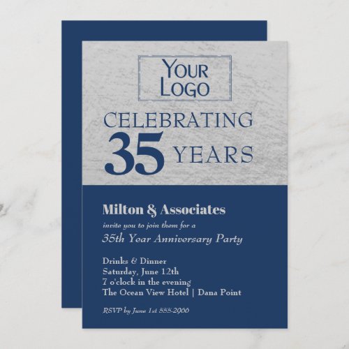 Business Logo Anniversary Navy Silver Invitation