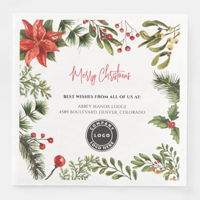 Business Logo Berries Mistletoe Staff Christmas Paper Dinner Napkins (Front)
