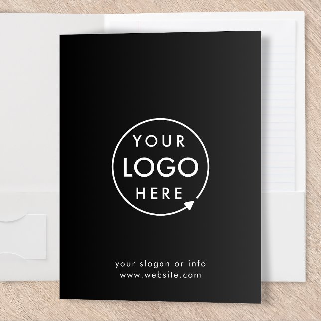 Business Logo | Black Corporate Modern Minimalist Pocket Folder (Sleek black company branded pocket folders for small business presentation & promotion.)