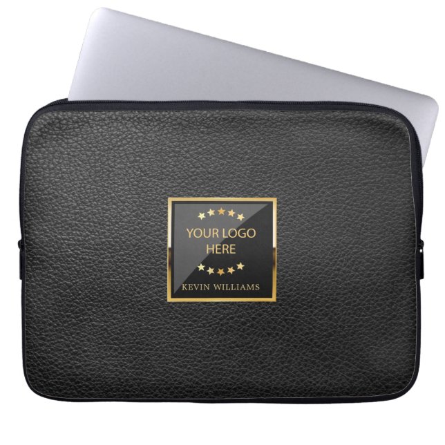Business Logo Black Faux Leather Personalized Laptop Sleeve (Front)