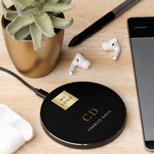Business logo black gold monogram initials name wireless charger 