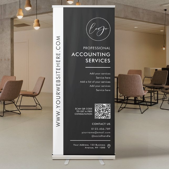 Business Logo Black Minimalist QR Code Promotional Retractable Banner (Black and white business promotional banner with logo and QR code)