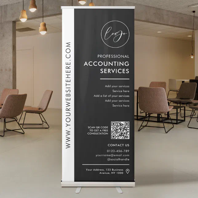 Business Logo Black Minimalist QR Code Promotional Retractable Banner