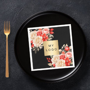 Business logo black red ivory florals napkins