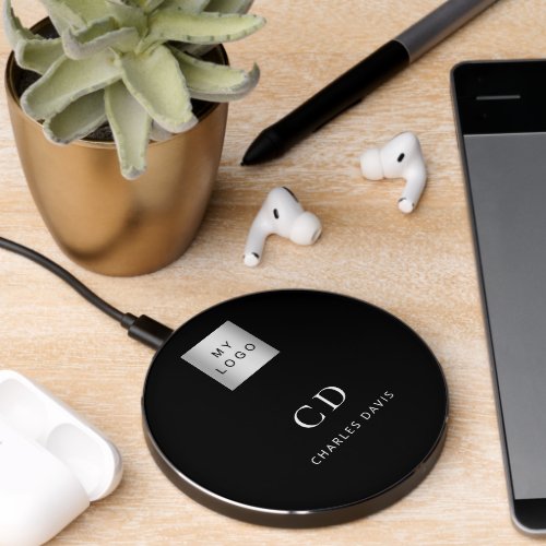 Business logo black white monogram initials name wireless charger 