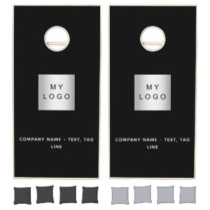 Business logo black white text minimalist cornhole set