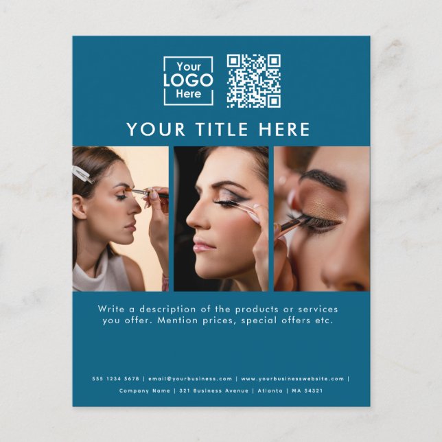 Business Logo Blue Beauty Salon 3 Photos QR Code Flyer (Front)