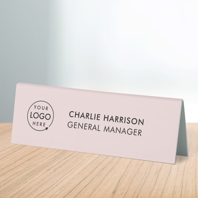 Business Logo | Blush Pink Modern Desk Name Plate Table Tent (Pink company branded nameplate table tent desk signs for small business employee & office signage.)