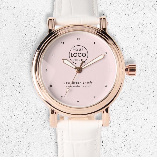 Business Logo | Blush Pink Modern Professional Watch (Feminine pink company branded watches for employee apparel, gifts or promotional giveaways.)