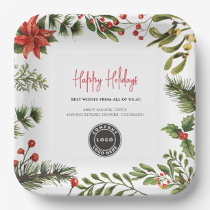 Business Logo Botanical Christmas Employees Party Paper Plates