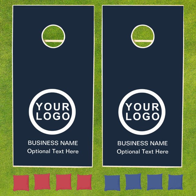 Business Logo Brand Navy Blue Cornhole Set (Stylishly Personalize with Your Custom Logo & Business Name. Optional Text Area.)