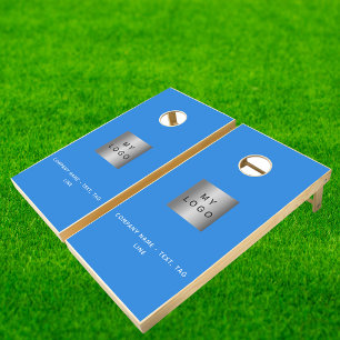 Business logo bright blue white text minimalist cornhole set