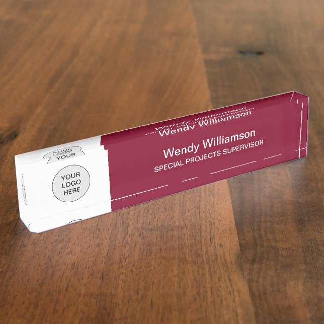 Business Logo Burgundy Desk Nameplate (Side)