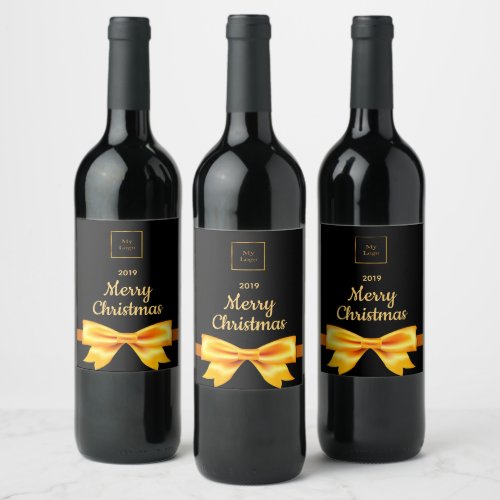 Business logo Christmas gold bow black Wine Label