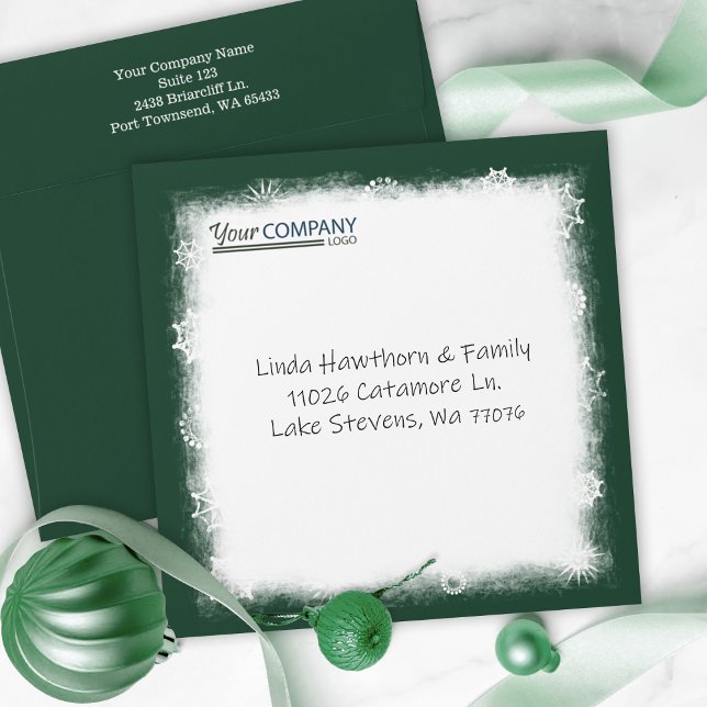 Business Logo Christmas Green Winter Addressed Envelope (pinetree green forest green white snowflake company holiday card envelopes green logo address)