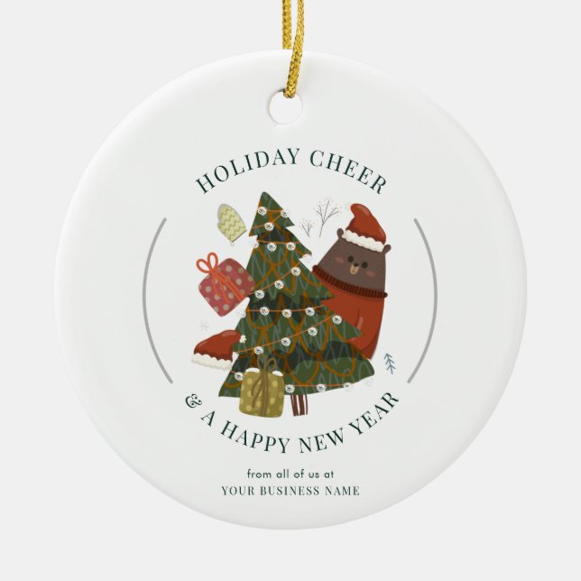 Business Logo Christmas Modern Corporate Festive Ceramic Ornament (Front)