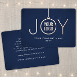Business Logo Christmas Ornament Navy Blue JOY Foil Holiday Card<br><div class="desc">Send simply stylish holiday wishes to clients, customers and business associates with elegant company branded real foil holiday cards. All wording on this template is simple to personalize. The JOY Christmas ornament and logo on the front side of this card are printed with real metallic rose gold foil on a...</div>