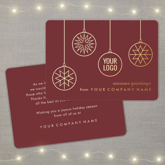 Business Logo Christmas Ornaments Burgundy Modern Foil Holiday Card (Creator Uploaded)