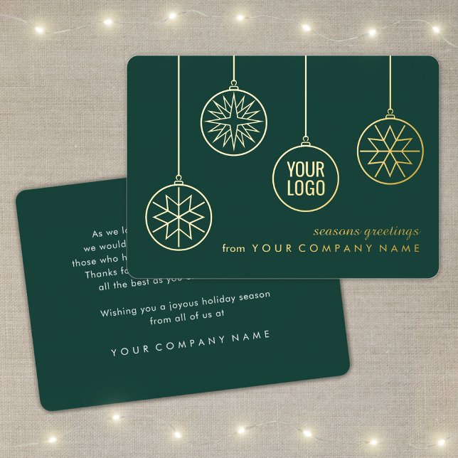 Business Logo Christmas Ornaments Green Modern Foil Holiday Card (Creator Uploaded)
